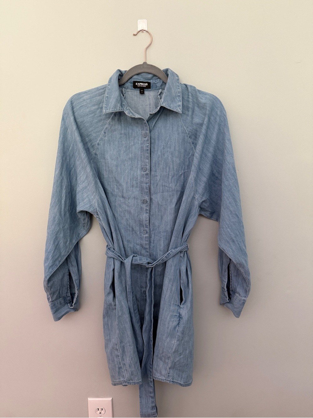Express Light Blue Denim Shirt Dress with Tie Belt
